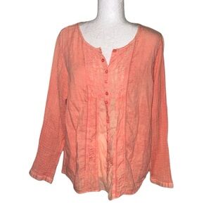 NWT Namsar Peach Pintucked Crochet Trimmed Button Front Gauze Top - L / XL